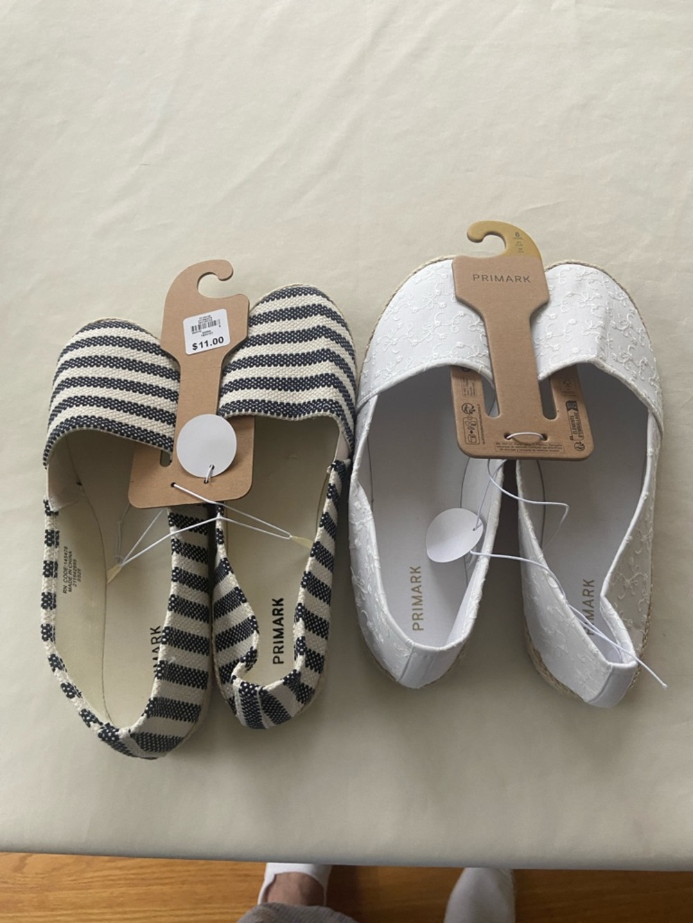 Primark Navy & Cream Striped Espadrilles and White Embroidered Slip-Ons